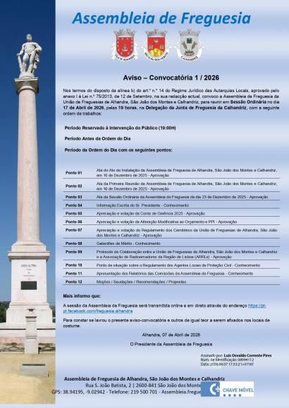 Aviso - Convocat&oacute;ria 1/2026, Assembleia Freguesia - 17/04/2026, 19 horas