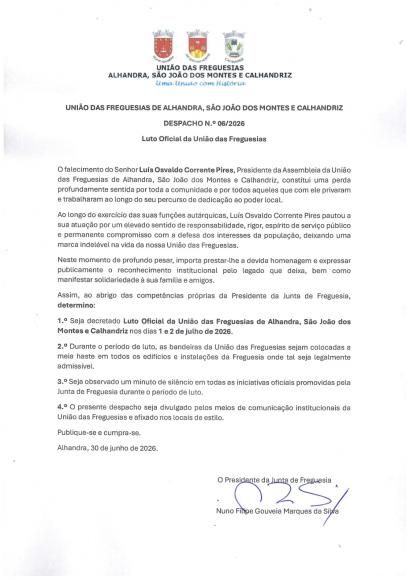 Luto oficial da Uni&atilde;o de Freguesias