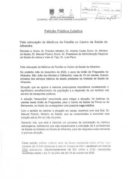 Entrega da Peti&ccedil;&atilde;o "Pela coloca&ccedil;&atilde;o de m&eacute;dicos no Centro de Sa&uacute;de de Alhandra" no Minist&eacute;rio da Sa&uacute;de